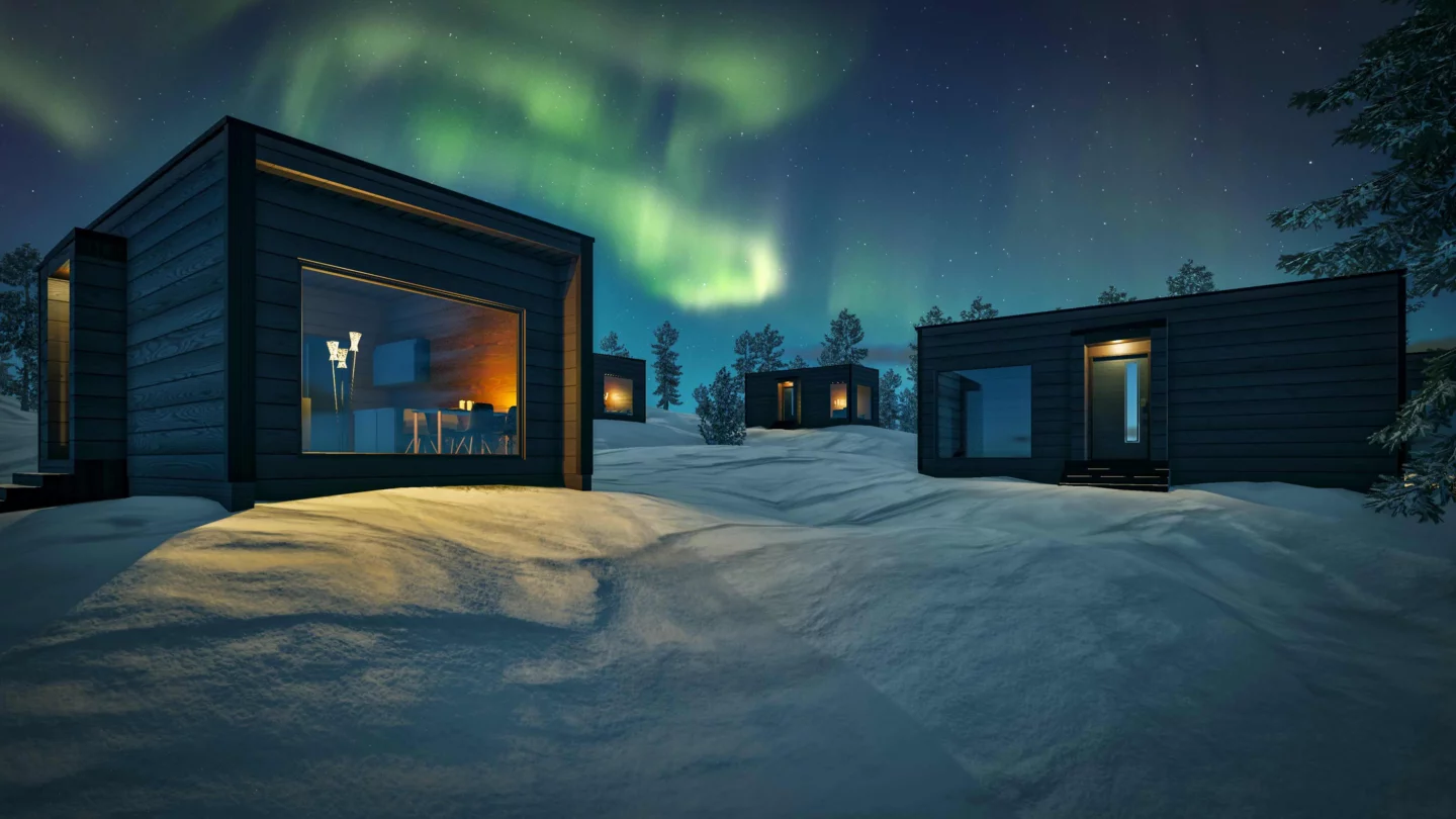 Aurora Hill Resort unter den Nordlichtern. Aurora Borealis, Rovaniemi Lappland