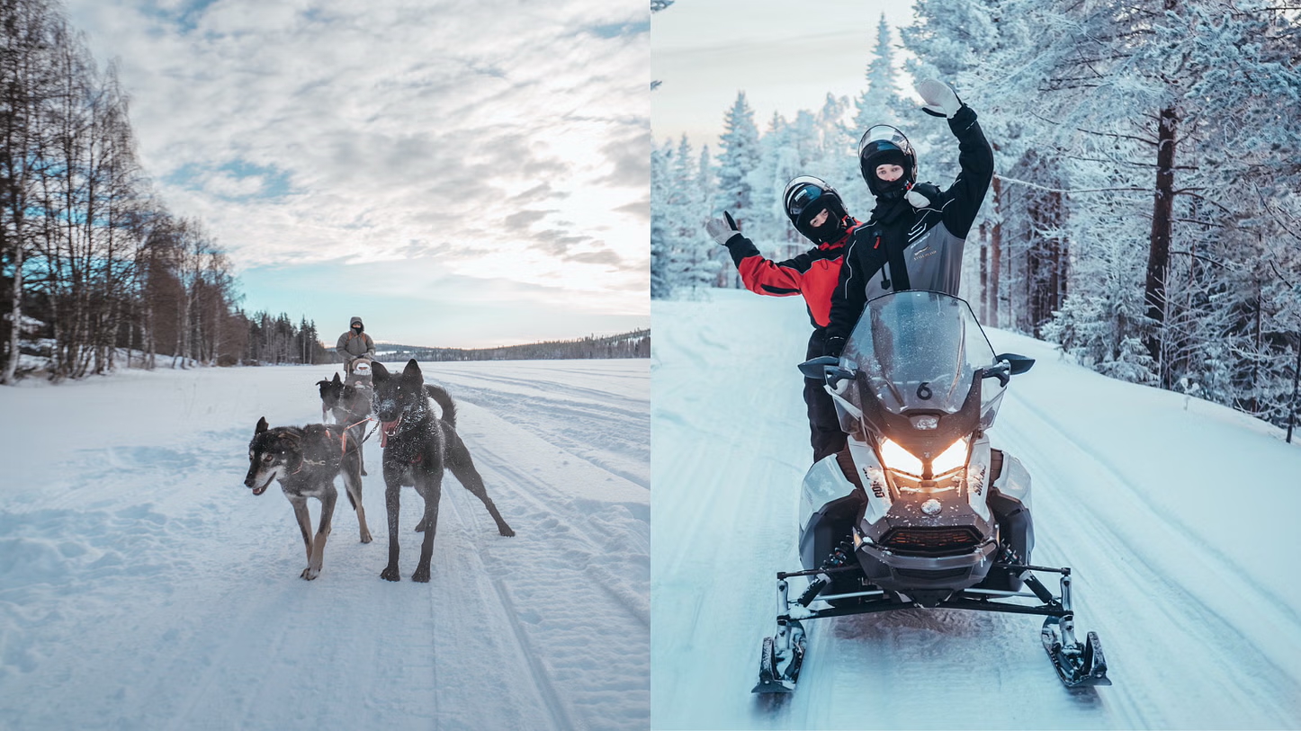Kuoksa Husky & Snowmobile combo activity, Husky safari, husky tour, husky activity. Snowmobile activity, snowmobile safari, snowmobile tour in Rovaniemi, Lapland, finland. Kuoksa husky park, kuoksa wilderness park