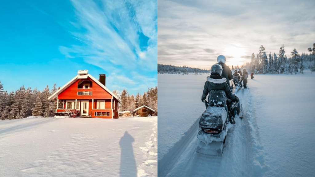 Overnight Northern Lights Tour and 2 full days snowmobile drive safari, activity, tour. Kuoksa wilderness park, rovaniemi, lapland, finland.