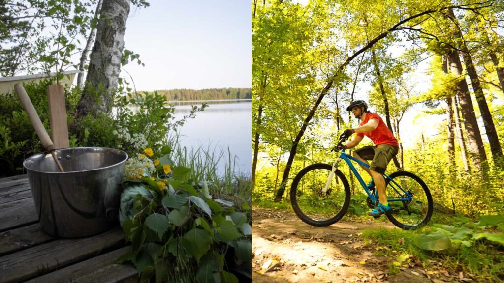 StayLapland Midnight Sun E-bike & Sauna tour in Rovaniemi. Sauna safari, sauna activity. E-bike activity, e-bike safari, e-bike tour. Kuoksa Wilderness park, Lapland, Finland.