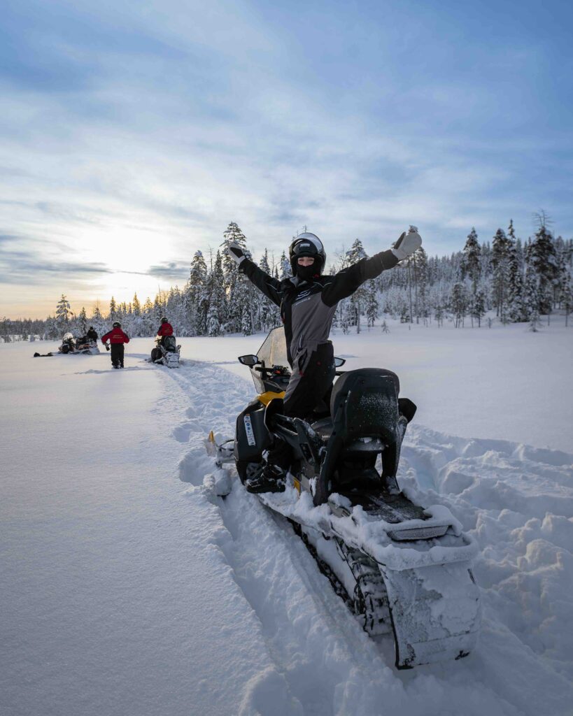 StayLapland wilderness snowmobile safari in Rovaniemi. Snowmobile activity, snowmobile tour. Kuoksa Wilderness park, Lapland, Finland